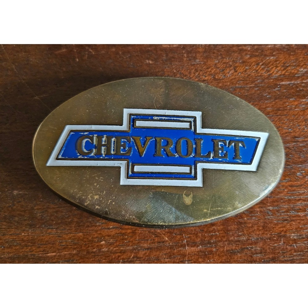 Chevrolet Belt Buckle Mens Brass Blue White 1979 Baron Vintage Bowtie Logo